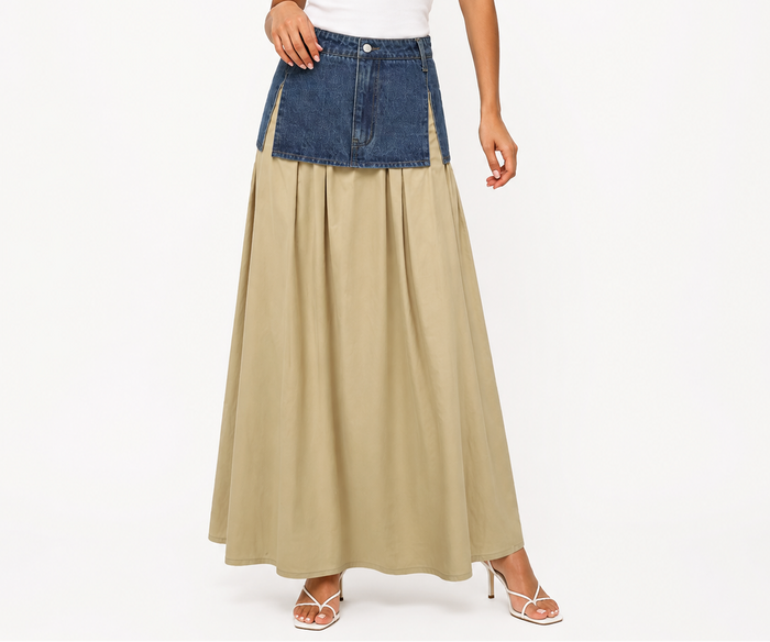 Denim Panel Maxi Skirt - Sand