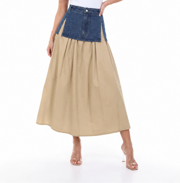 Denim Panel Maxi Skirt - Sand
