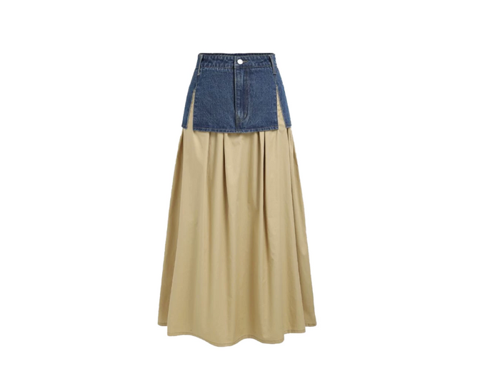 Denim Panel Maxi Skirt - Sand