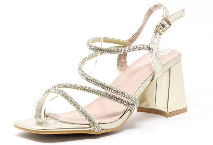 diamante rope detailed heel with block heel in gold. Open toe with an adjustable ankle strap