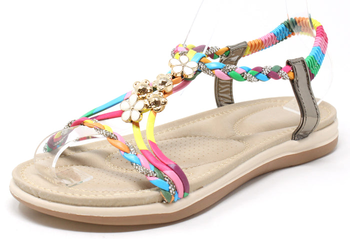 Colorful sandal with braided strap on a white background