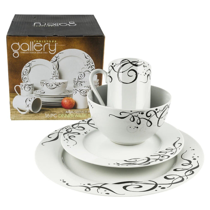 Dinnerware Set 16 Piece by Tabletops Gallery Black Aria Casual Round Design