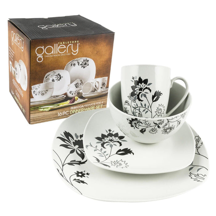 Dinnerware Set 16 Piece by Tabletops Gallery Black Rebecca Flower Design Square