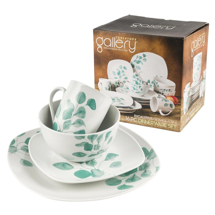 Dinnerware Set 16 Piece by Tabletops Gallery Green Eucalyptus Flower Design