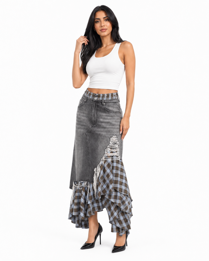 Distressed Plaid Denim Midi Skirt - Fallon