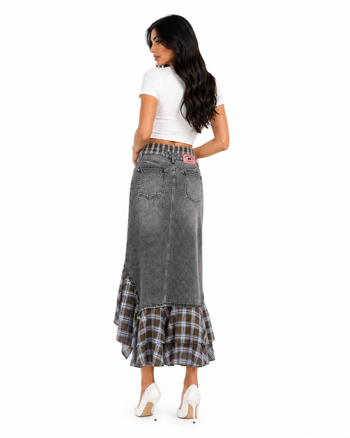 Distressed Plaid Denim Midi Skirt - Fallon