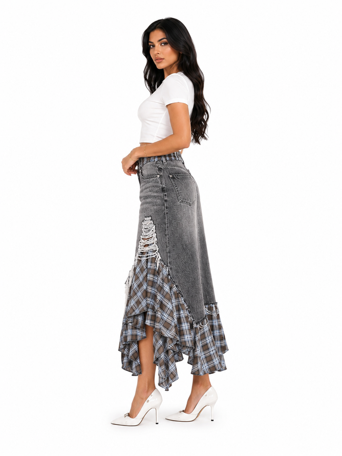 Distressed Plaid Denim Midi Skirt - Fallon