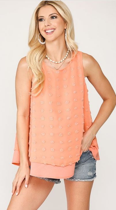 Dot Fabric Sleeveless Flowy Top with Back Keyhole