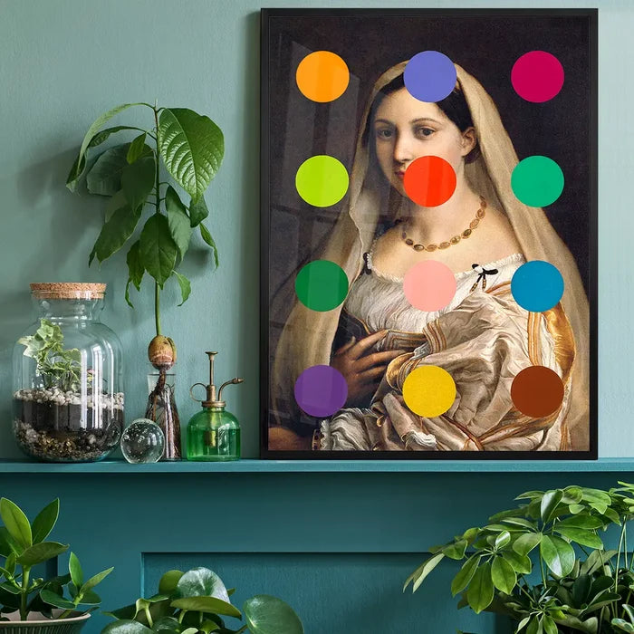Dots Portrait Altered Art Print 2, quirky altered art print black framed on a living room shelf