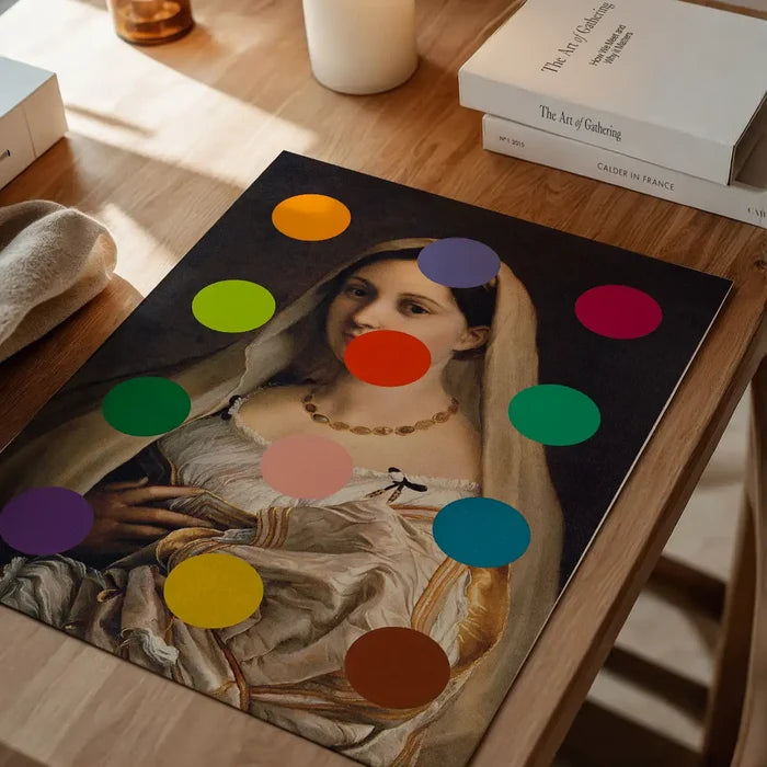 Dots Portrait Altered Art Print 2, quirky altered art print unframed on a home office desk
