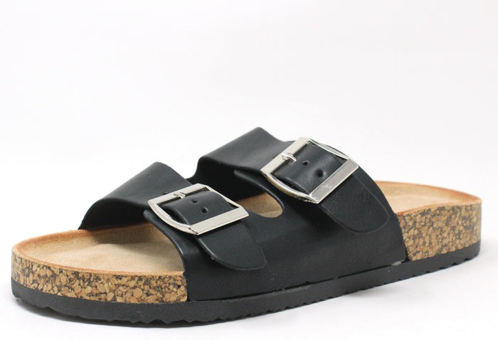 A pair of double strap sandals with buckles and a cork look sole in a black color.