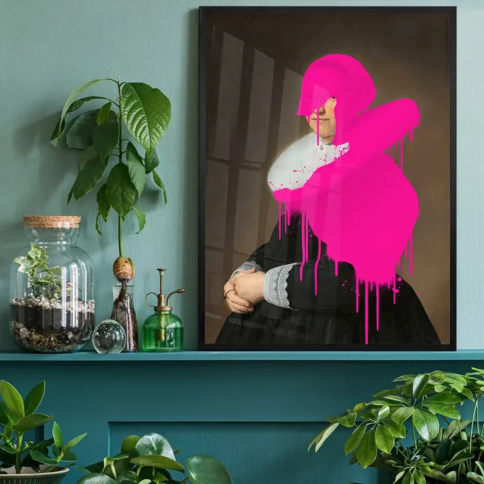 Drippy Adriana Portrait Print, quirky altered art print black framed on a living room shelf