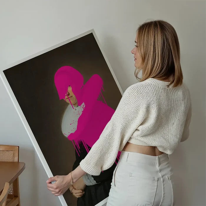 Drippy Adriana Portrait Print held up against a living room wall