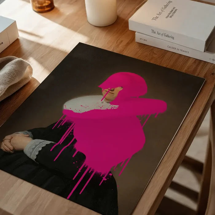 Drippy Adriana Portrait Print, quirky altered art print unframed on a home office desk