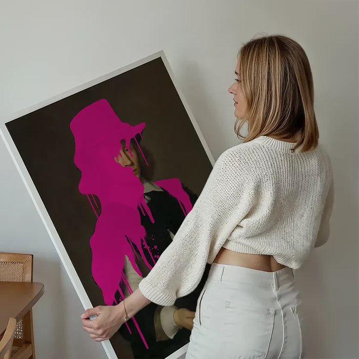 Drippy Dirck Portrait Print held up against a living room wall
