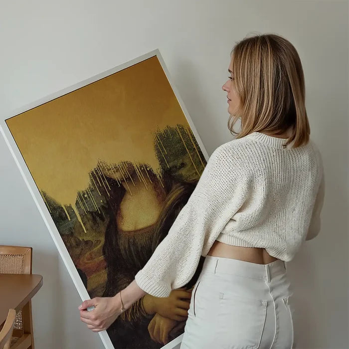 Drippy Mona Lisa Gold Graffiti Print held up against a living room wall