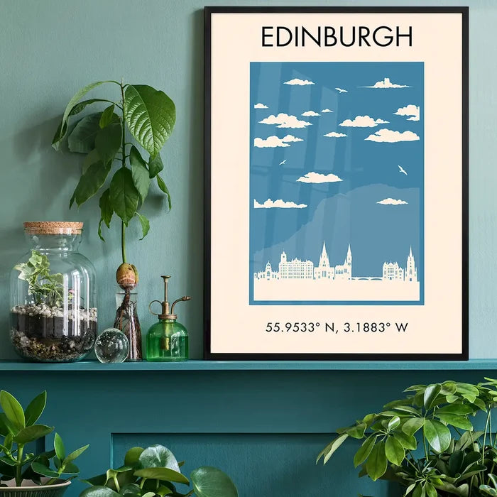 Edinburgh Tourist Style Print black framed on a living room shelf
