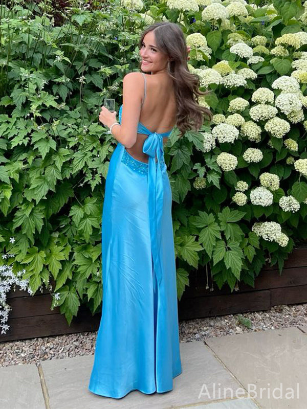 Elegant Blue Bead Long Prom Dress with Tie Back - Sample Sale