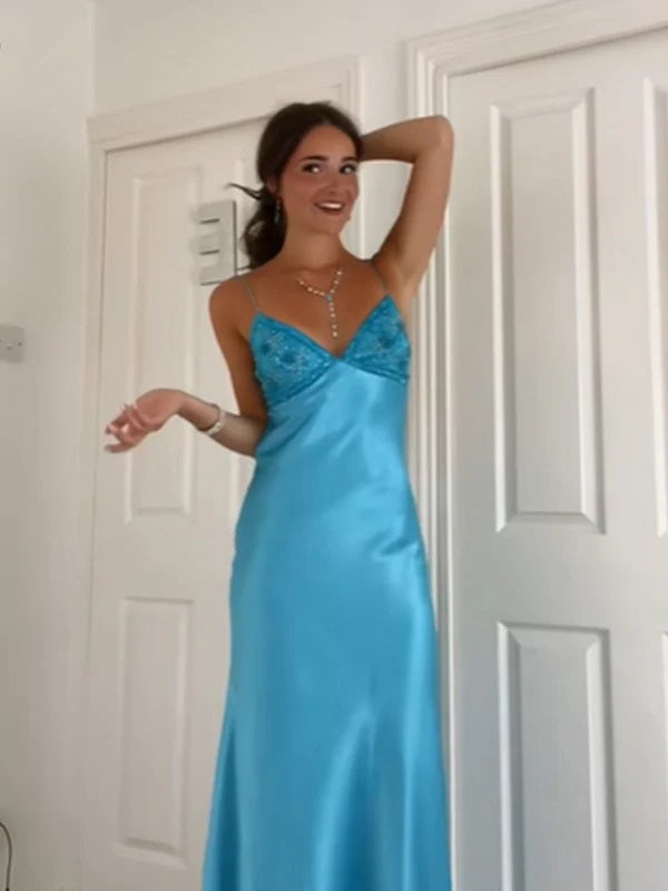 Elegant Blue Bead Long Prom Dress with Tie Back - Sample Sale