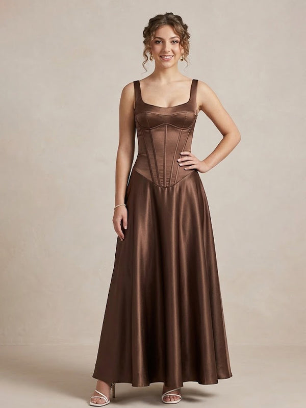Elegant Brown Corset A-line Bridesmaid Dress, PD2823092