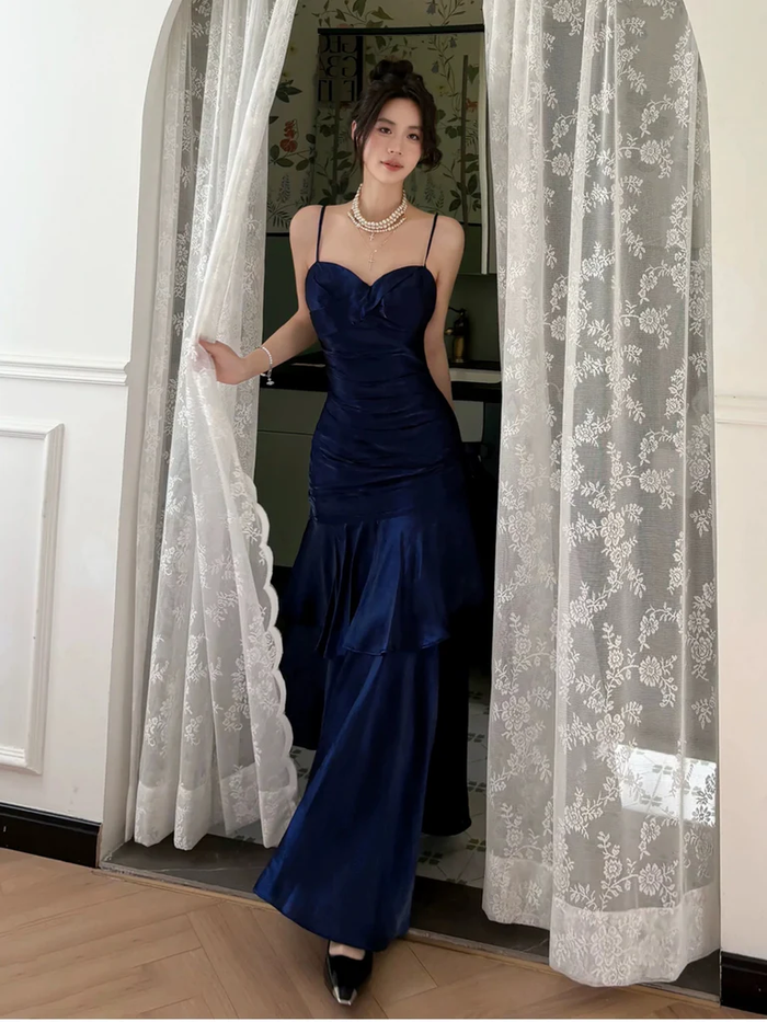 Elegant Dark Navy Blue Mermaid Long Prom Dresses, Dark Navy Blue Long Formal Graduation Dresses