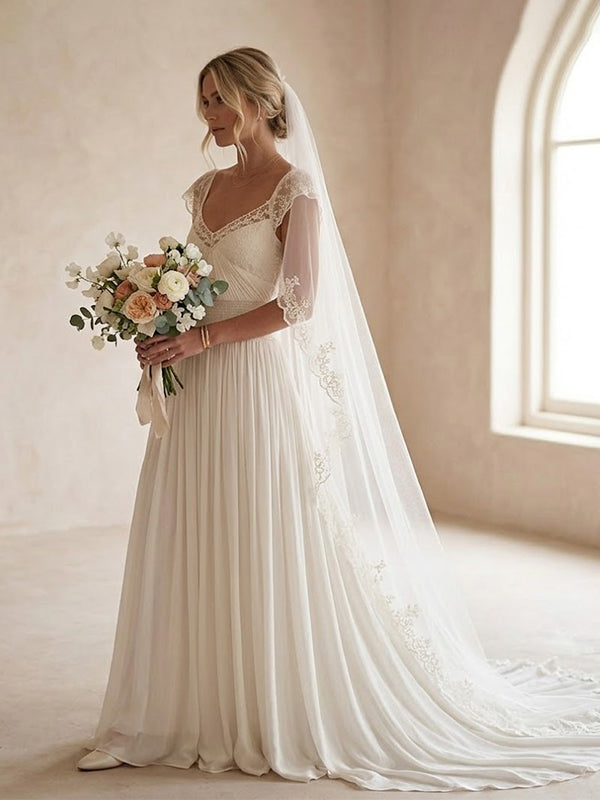 Elegant Floral Lace A-line Chiffon Wedding Dress with Cap Sleeves, WD3226
