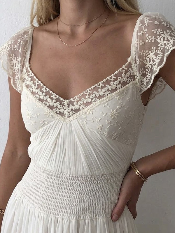 Elegant Floral Lace A-line Chiffon Wedding Dress with Cap Sleeves, WD3226