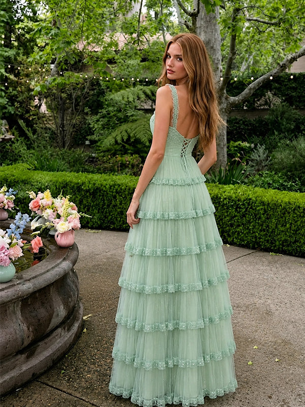 Elegant Green A-line Tiered Tulle Prom Dress, Evening Dress, PD2823090