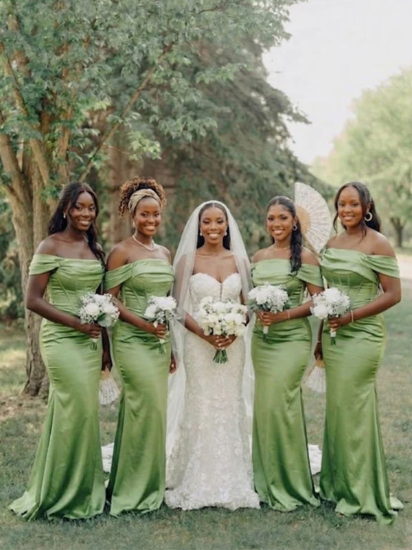 Elegant Green Off the Shoulder Corset Mermaid Bridesmaid Dress, PD2823089