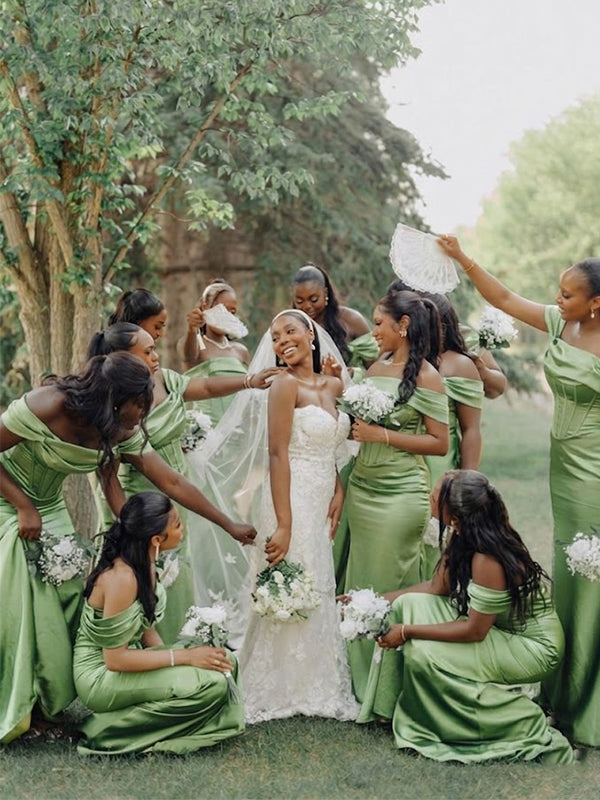 Elegant Green Off the Shoulder Corset Mermaid Bridesmaid Dress, PD2823089