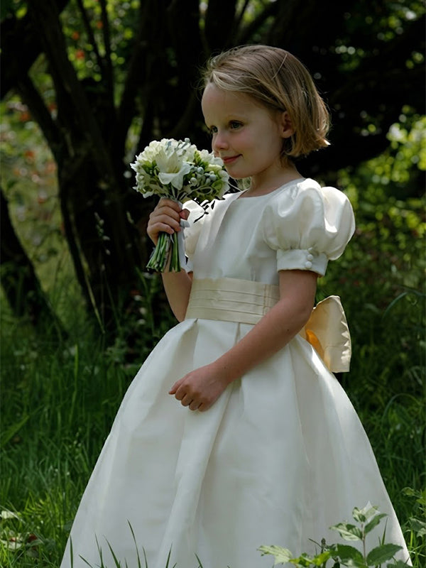 Elegant Ivory Satin Bow A-line Flower Girl Dress with Puff Sleeves, FGS193