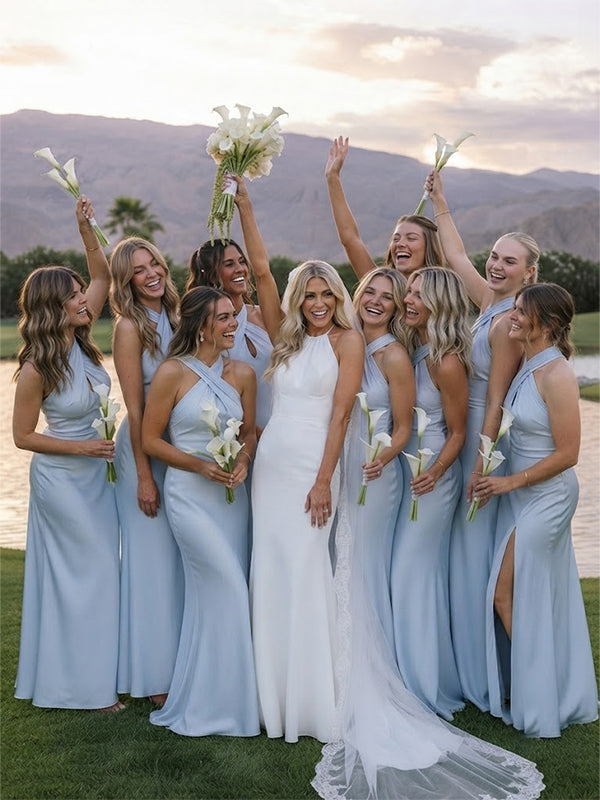 Elegant Light Blue Halter Long Bridesmaid Dress, Maids of Honor Dress, PD2823082