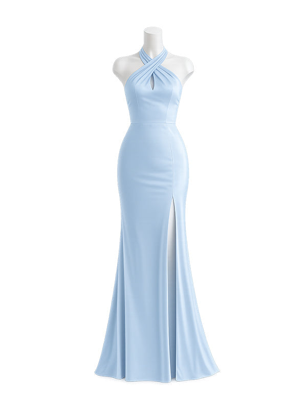 Elegant Light Blue Halter Long Bridesmaid Dress, Maids of Honor Dress, PD2823082
