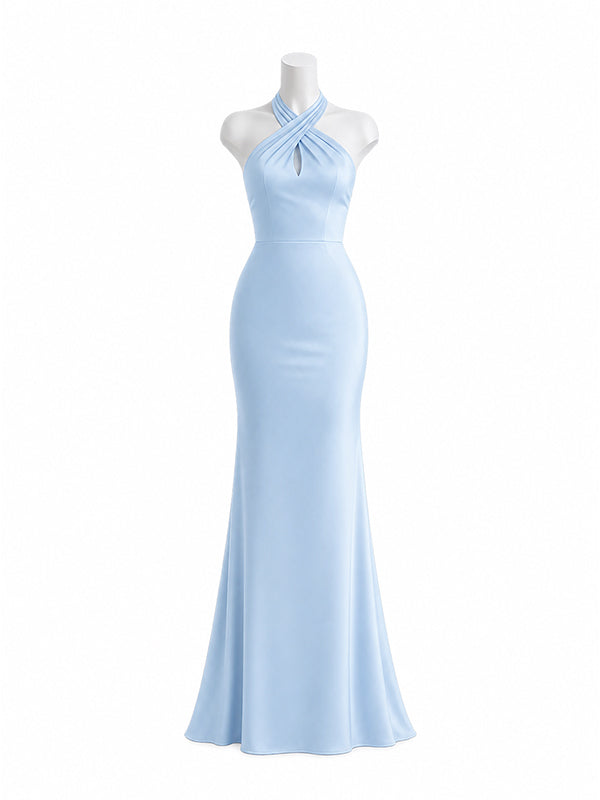 Elegant Light Blue Halter Long Bridesmaid Dress, Maids of Honor Dress, PD2823082
