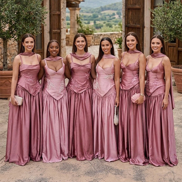 Elegant Mauve Pink Satin A-line Bridesmaid Dress with Lace Appliques, PD2823098