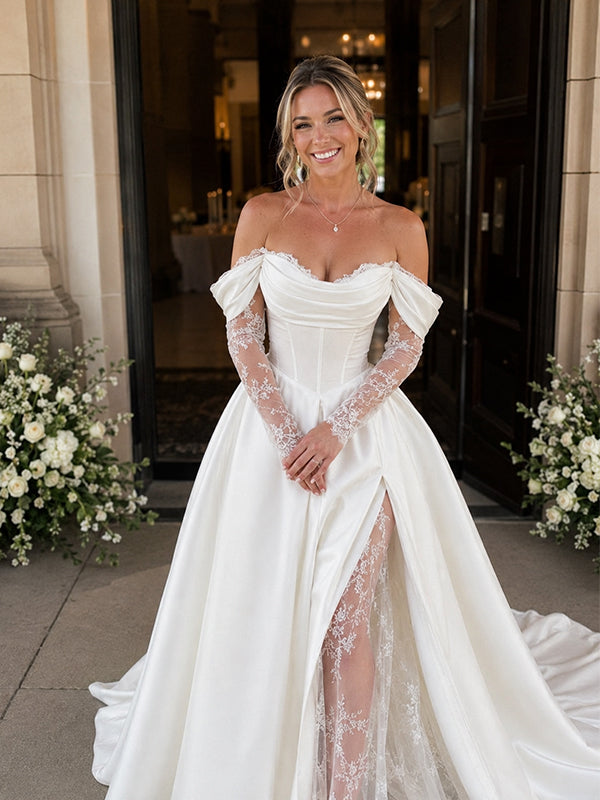 Elegant Off the Shoulder Lace Trim A-line Wedding Gowns with Side Slit, WD3228