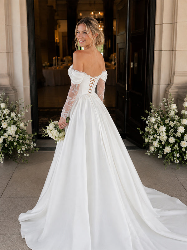 Elegant Off the Shoulder Lace Trim A-line Wedding Gowns with Side Slit, WD3228