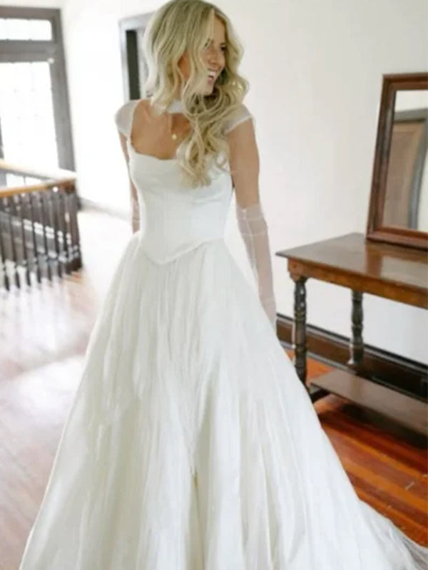 Elegant Scoop A-line Chiffon Wedding Dress with Cap Sleeves, WD3221