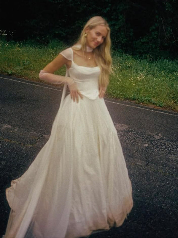 Elegant Scoop A-line Chiffon Wedding Dress with Cap Sleeves, WD3221