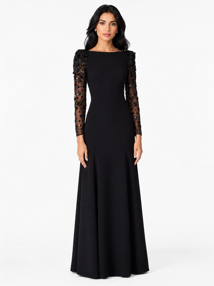 Embellished Sheer Sleeve Mermaid Maxi Dress - Noil