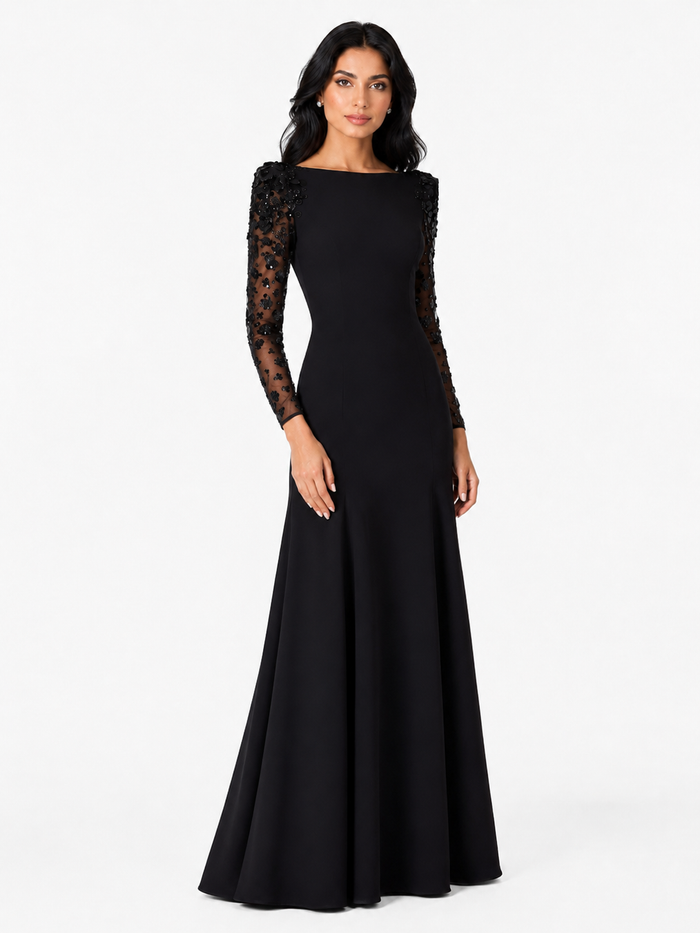 Embellished Sheer Sleeve Mermaid Maxi Dress - Noil