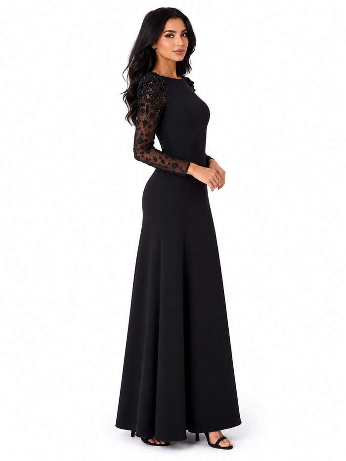 Embellished Sheer Sleeve Mermaid Maxi Dress - Noil