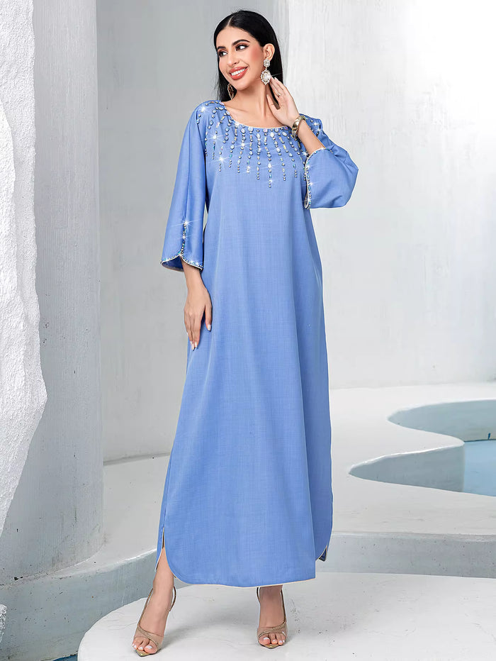 embellished straight-cut maxi dress with flared sleeves – AZURE