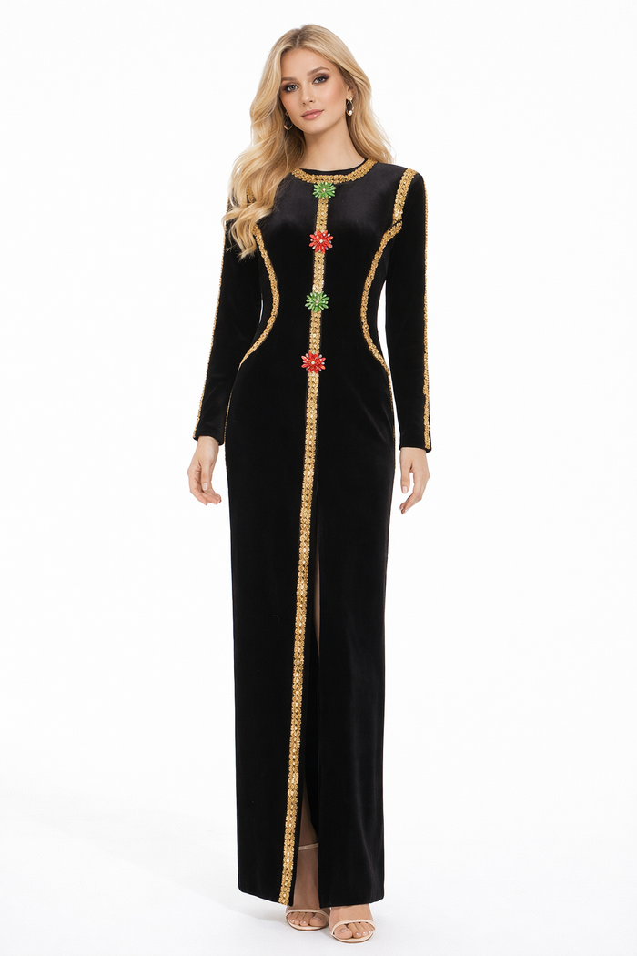 embellished trim long sleeve velvet maxi dress – IMPERIA