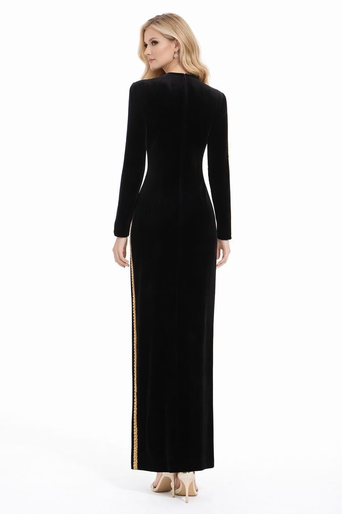 embellished trim long sleeve velvet maxi dress – IMPERIA