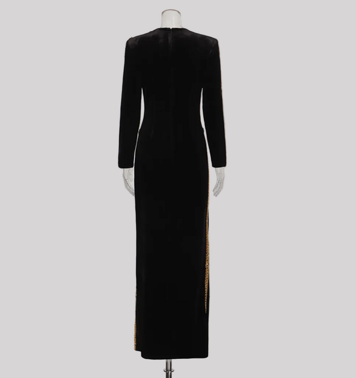 embellished trim long sleeve velvet maxi dress – IMPERIA