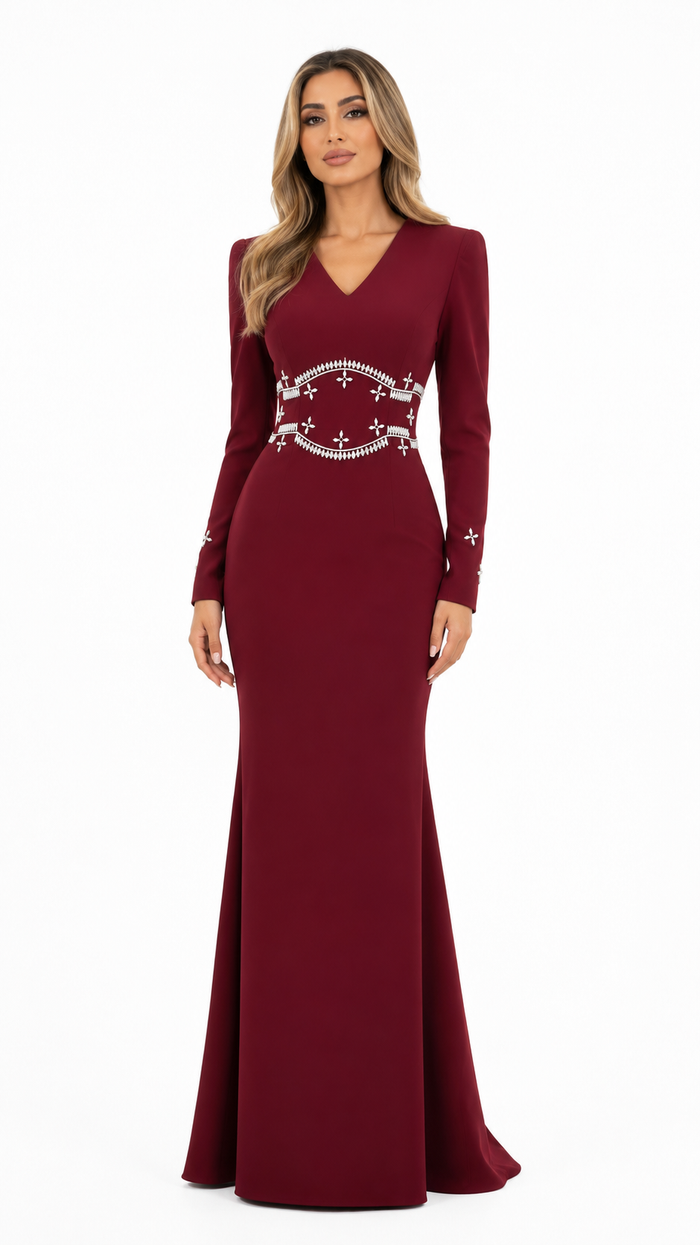Embellished Waist Mermaid Evening Dress - Burgundy