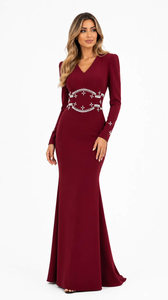 Embellished Waist Mermaid Evening Dress - Burgundy