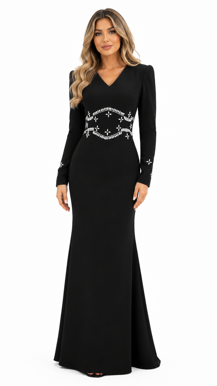 Embellished Waist Mermaid Evening Dress - Burgundy