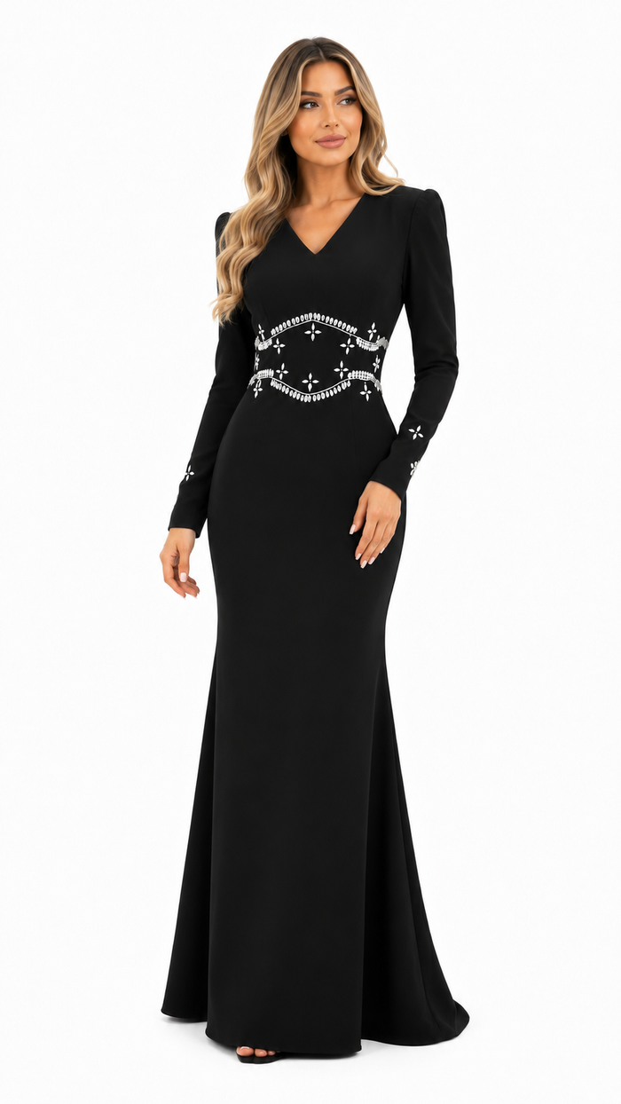 Embellished Waist Mermaid Evening Dress - Burgundy